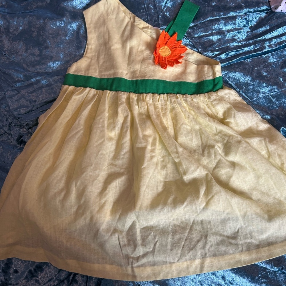 Vintage Toddler Yellow One-Shoulder Dress with Green Trim